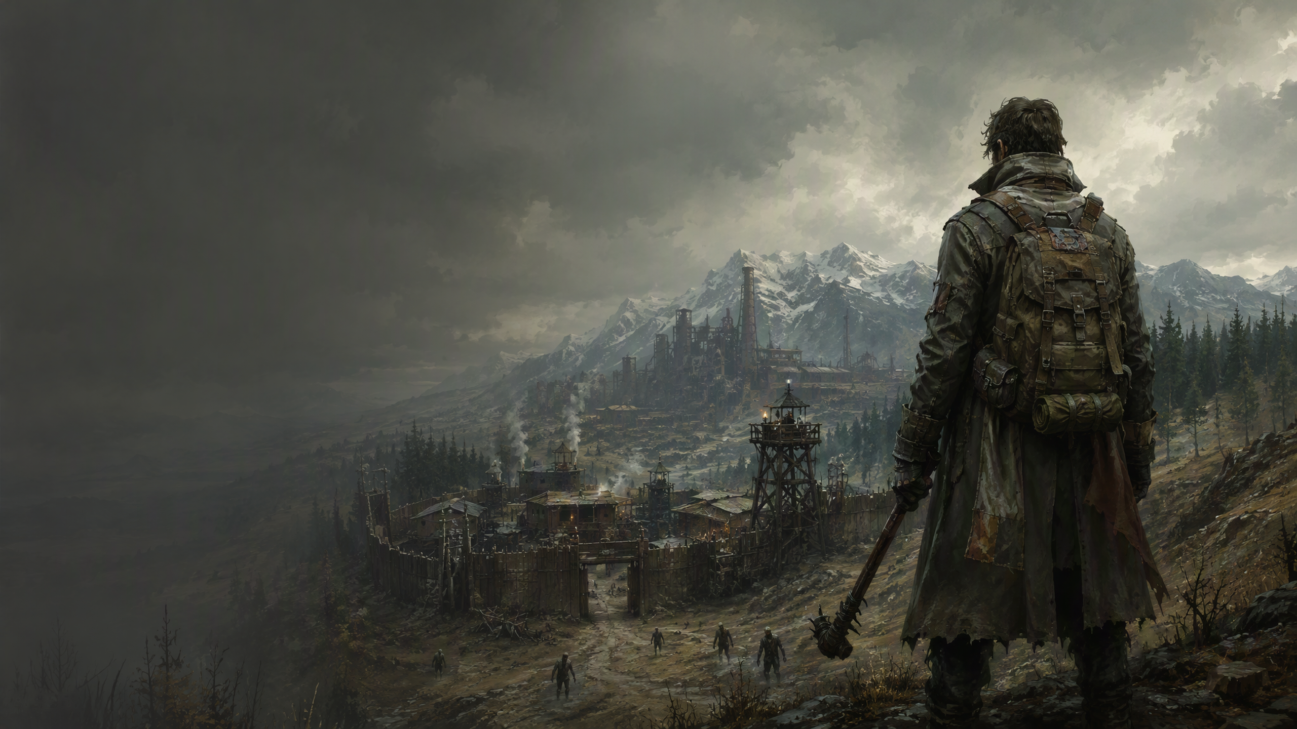 A survivor overlooking a fortified settlement and ruined mountainside